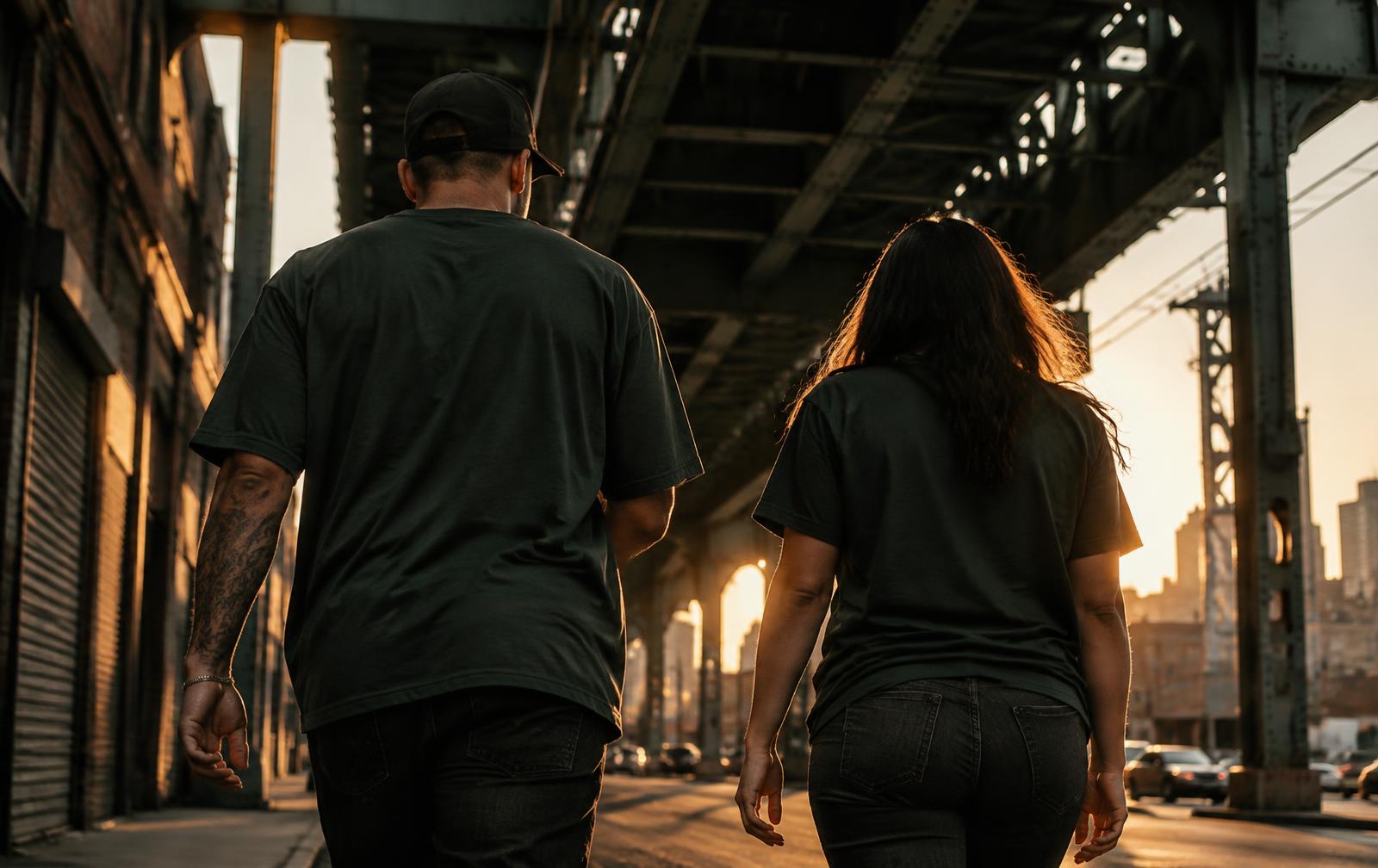 Two Philadelphia fans walking under an elevated train bridge at sunset