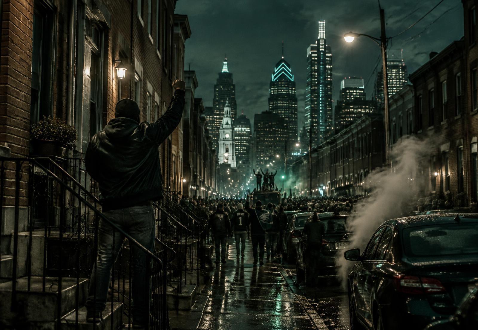 Philadelphia city street at night with fans celebrating